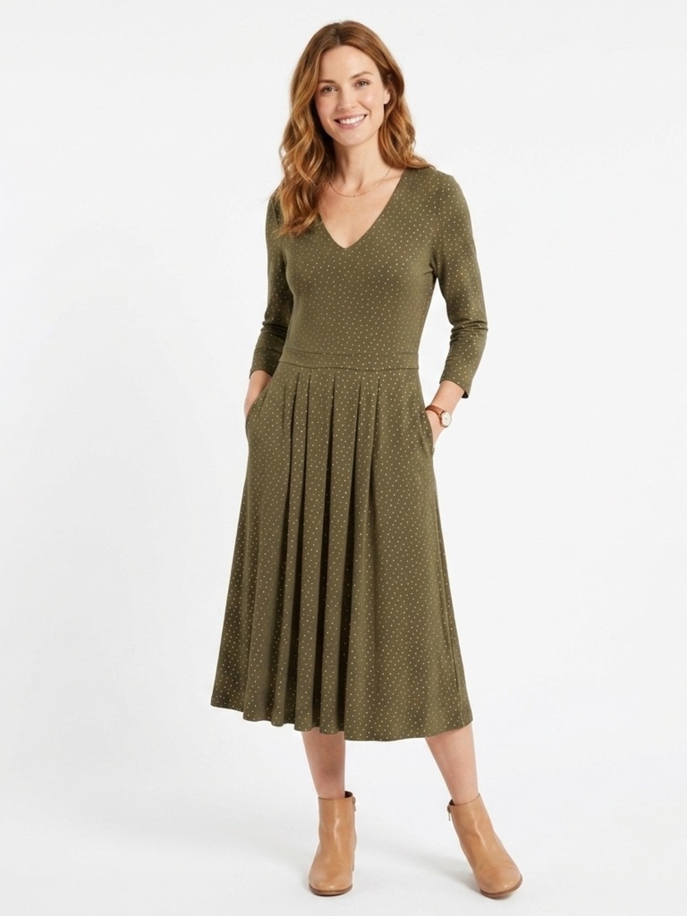 Boden Olive & Gold Polka Dot Jersey Midi Dress Pockets US 8R⁠